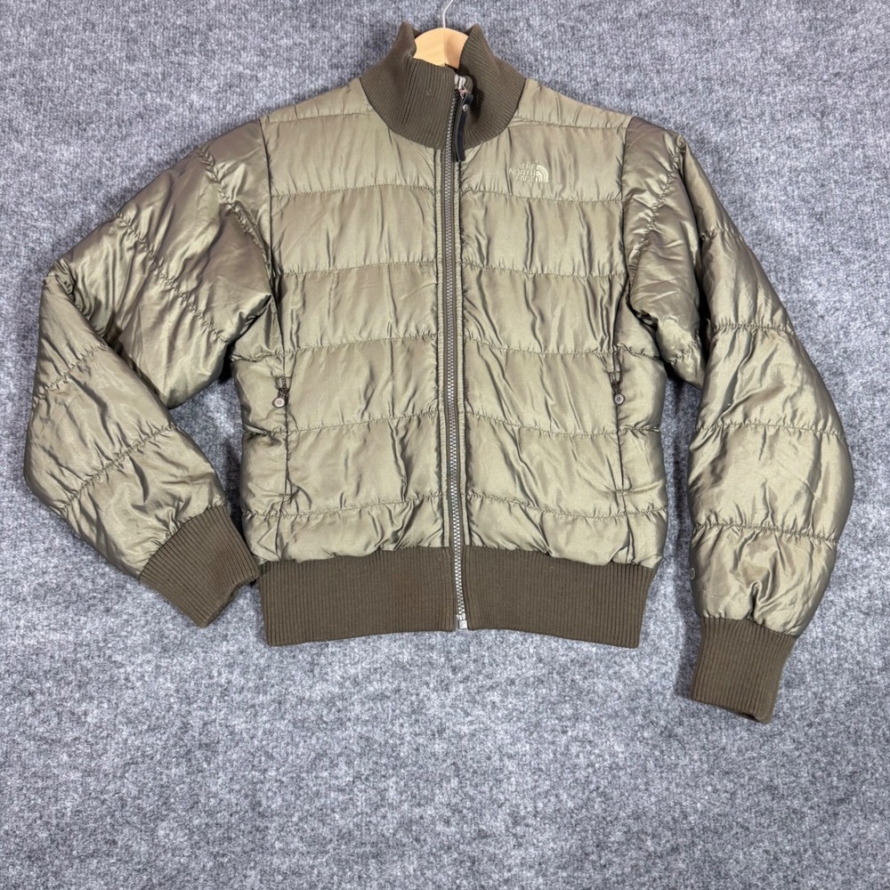 The North Face Puffer Bomber Jacket Goose Down Women XS Olive Green Nylon EUC